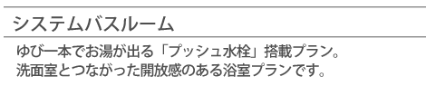 システムバスリーム・ゆび一本でお湯が出る「プッシュ水栓」搭載プラン。洗面室とつながった開放感のある浴室プランです。